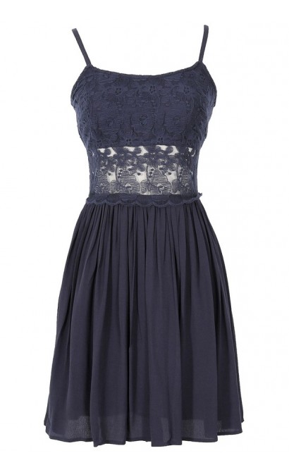 Peace and Love Crochet Floral Lace Dress in Navy